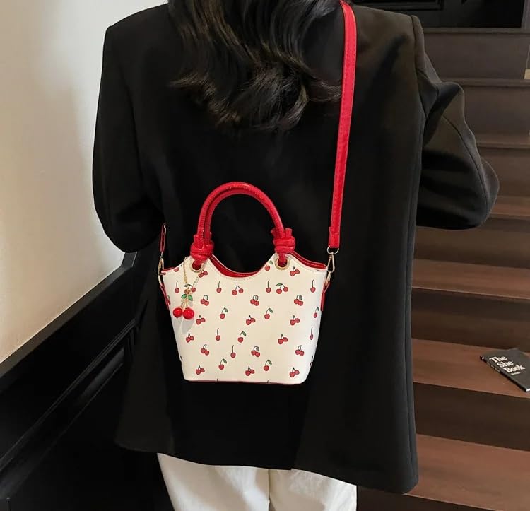 Image of Cherry Leather Tote Bag - Cute Y2K Shoulder Purse for Women, Red Designer Handbag with Top Handle, Fruit Print Clutch Satchel