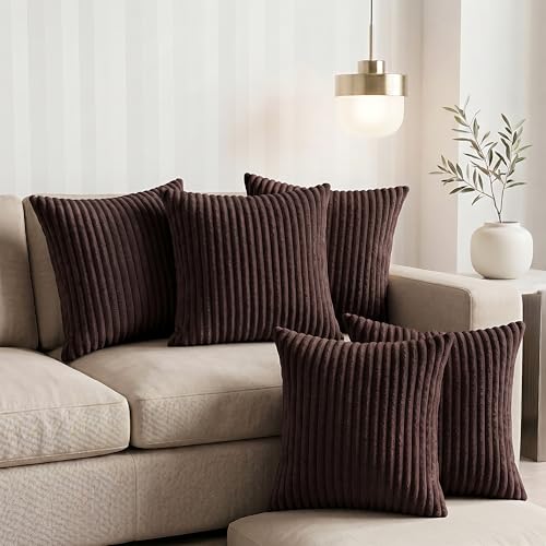 Image of Yellow Weaves Pencil-Stripe Fur Cushion Covers | Soft Polyester | Decorative Sofa & Throw Pillow Covers | 16x16 Inches, Pack of 5 (Coffee)