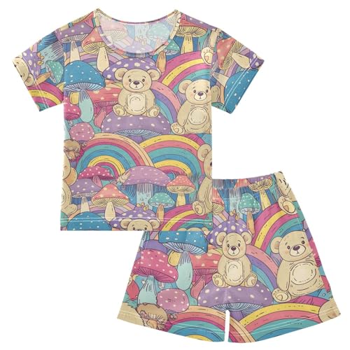 ALAZA Mushroom Bear Rainbow Retro Pajamas Short Sleeve 2 Piece Sleepwear Top and Bottom Pajama Set Unisex