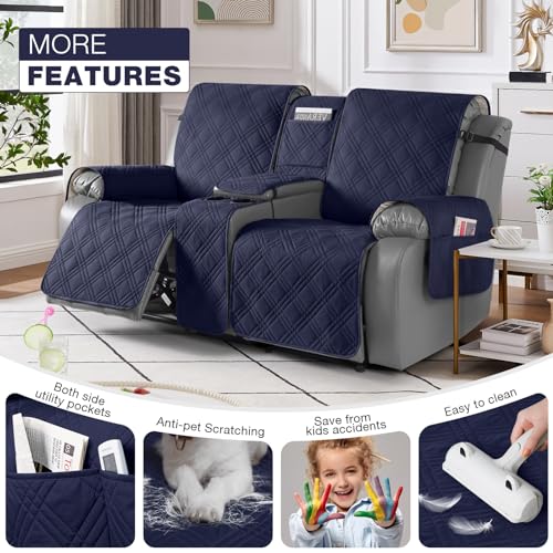 Image of TAOCOCO Polyester Loveseat Recliner Cover With Center Console, 100% Waterproof Pet For Dual Cup Holder, Split Reclining Furniture Pet&Kids Protector (2 Seater, Navy Blue)