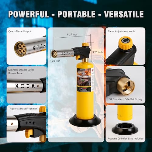 Image of Propane Torch Head,Powerful 4-Flame Blow Torch Head Trigger Start Propane Torch with Igniter MAPP Gas Torch Kit Grill Gun on 1-lb Propane Tank Holder for Soldering Welding Brazing Cooking