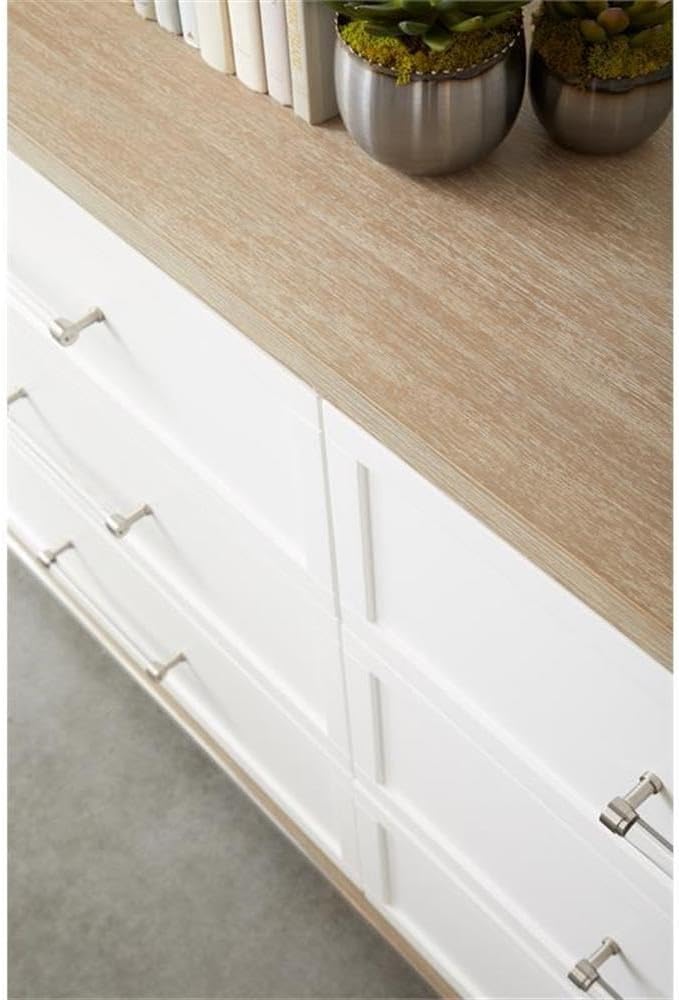 Pemberly Row 6-Drawer Wood Double Dresser, 35" H x 63" W x 20" D, Natural Gray Acacia, Matte White & Brushed Stainless Steel, Full Extension Metal Glides, Transitional Style Bedroom Storage