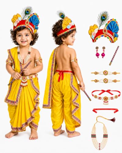 Image of Sarvda Shree Krishna Dress for Baby Boy & Radha Dress for Girls | Janamashtami Dress | Fancy Dress Costume with Accessories Dhoti, Dupatta, Mukut Flute Complete set, Ethnic wear