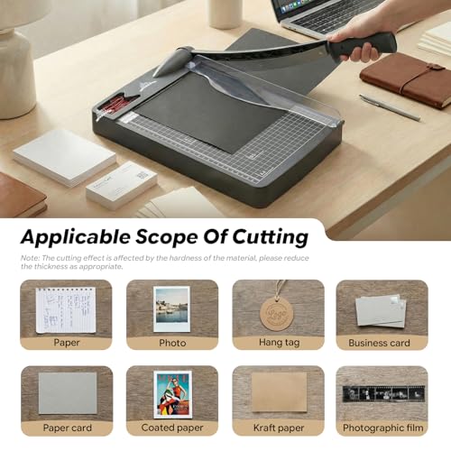 JIELISI Papierschneider (Bis 80g A4, 12 Blatt Schneidleistung) Manuell Schneidemaschine, Papierschneidemaschine, Hebelschneider, Schere für Papier und Fotos, höchste Präzision（Dunkelgrau）