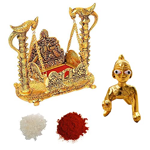 Image of Wonder Care | Laddu Gopal with jhula Statue Sculpted in Great Detail in Ivory Antique Golden Finish - Laddu Gopal | Home Decor | Mandir | Gift | Hindu God Idol (Laddu Gopal+Jhula Combo+Roli Chawal)