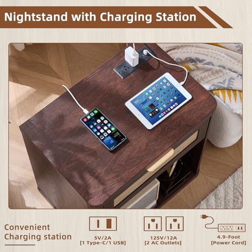 Image of LEYAOYAO Rattan Nightstands Set of 2 with Charging Station, Walnut Night Stand with Drawer, 23 inch Wide Boho Bedside Table with Storage Shelf, Bed Side End Tables for Bedroom, Living Room, Hallway