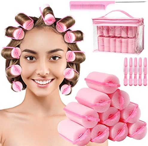 Sponge Hair Rollers, Foam Hair Roller Sleeping Hair Curlers Flexible Hair Styling Curlers Sponge Curlers with Tail Comb & HairClips for Hairdressing Styling (60Pieces, Pink)