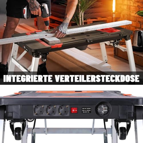 LIFERUN 7-in-1 Inklapbare Werktafel, Werkbank Inklapbaar met Geïntegreerd Stopcontact, Opvouwbare Werktafel met 4 Wielen, Spantafel met Hoekmarkering, Hoogte Verstelbaar, Steekwagen, Transportwagen - Afbeelding 5