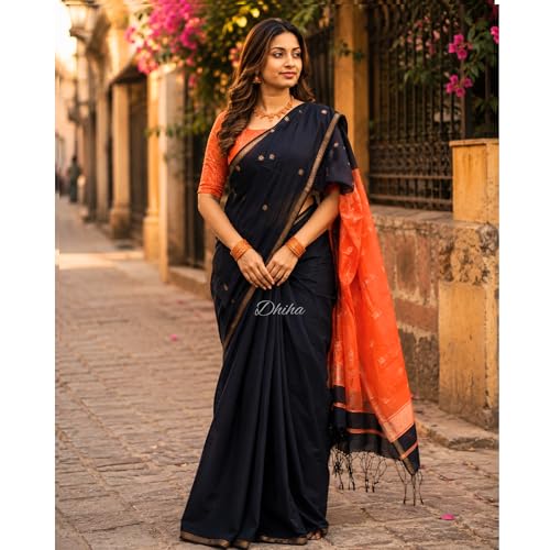 Image of Original Maheswari Cotton Silk Saree for Women | Kanjivaram Pure Silk Cotton Sari with Blouse | Zari Work | Tassels | Handloom Weave