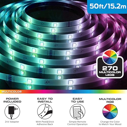Image of Monster 50 Foot RGB LED Light Strip with Remote Control, 270 RGB LEDs, Adhesive Backing, Coated for Moisture Protection, Dimmable, 24V Plug, 4 Modes Including Strobe, Flash, Fade & Smooth