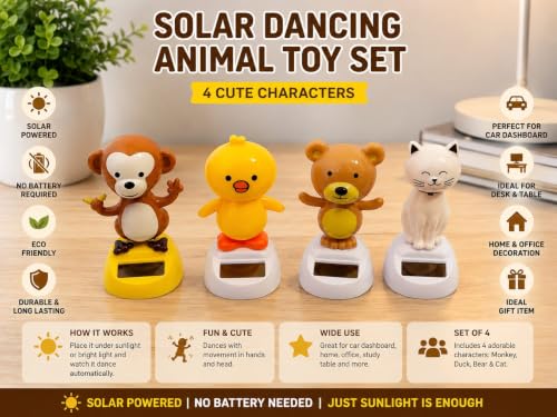 Image of Solar Powered Dancing Toy for Car Dashboard, Office Desk & Home Decoration | Decorative Figure | Eco-Friendly Desktop Showpiece (Cat, Chick, Mouse, Monkey, Set of 4)