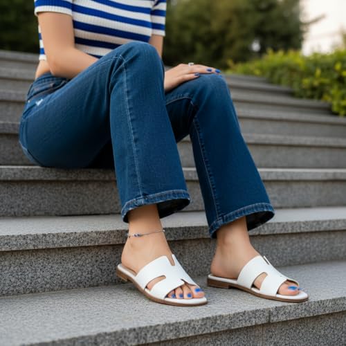 Image of CUSHIONAIRE Voyage Cutout Strap Slides for Women, Slip On Summer Flats, Trendy Footwear, Memory Foam Vegan Leather Comfortable Vacation Style Sandals