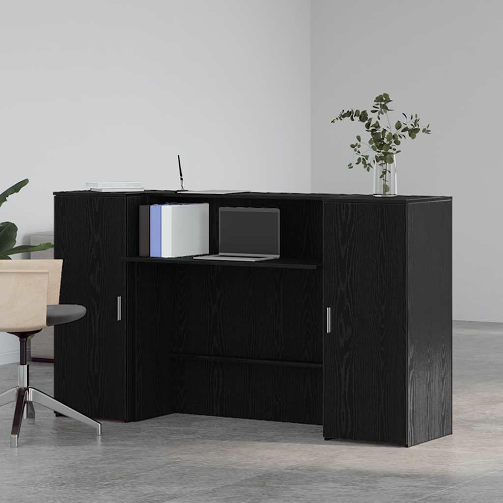 Cassette di ricevimento in legno di rovere nero, 180 x 50 x 103,5 cm, con spazio di archiviazione e armadietto, mobili da ufficio per reception, versatile, stabile e funzionale