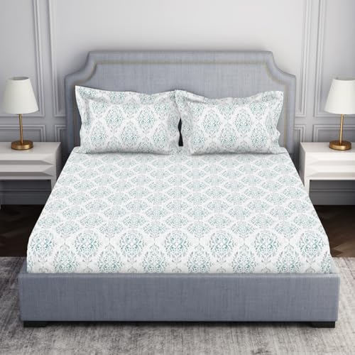 Image of Welspun 100% Cotton Bedsheet for Double Bed King Size with 2 Pillow Covers | Breathable & Soft Double Bed Bedsheet | 274 x 274 cm | Light Green