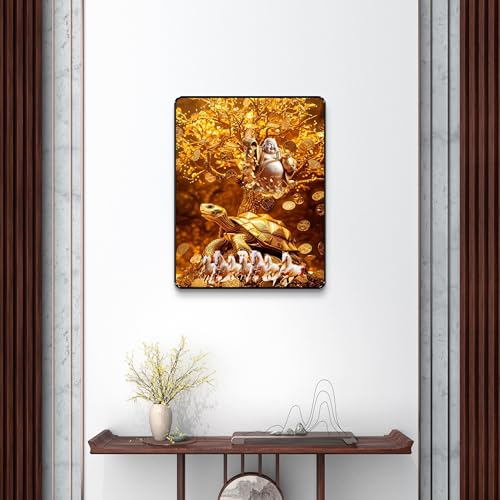 Image of SAF Golden Money Tree Laughing Buddha Tortoise Horse Wall Art Black Frame Sparkle Lamination Vastu Feng Shui Wealth Positive Energy Decorative Painting for Home (14 Inch x 11 Inch) K-36110