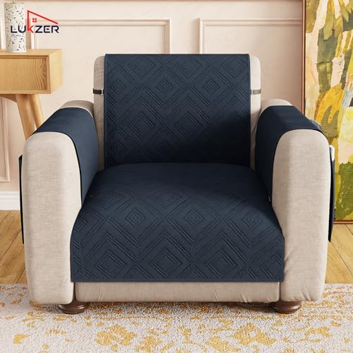 Image of Lukzer 1 Seater Reversible Quilted Sofa Mat - Dot Frame Pattern | Blue | 250 GSM Polyester Sofa Runner with Arms & Deep Storage Pocket | Machine Washable Sofa Cover with Elastic Belt (SC-211-01)