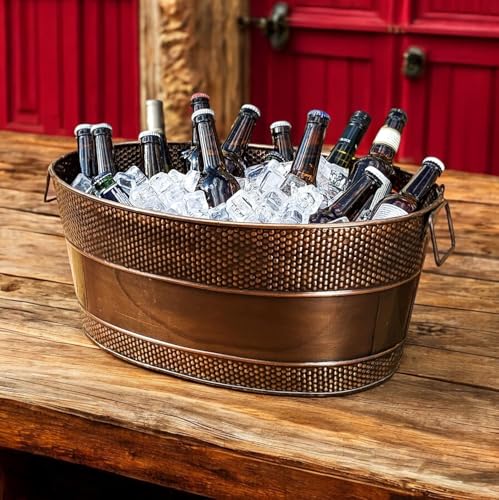 BREKX Aspen Galvanized Tub, Copper Finish Metal Ice and Drink Cooler for Parties, Sealed Leak Resistant Party Cooler, Easy to Clean, Handcrafted, Large Oval 25-Quart (6 Gallon), 30 Bottle Bucket
