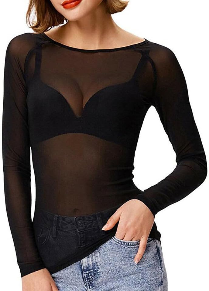 Women's Mesh Tops Long Sleeve See Through Sheer Mesh Tops Stretchy Slim Fit Mesh Blouses Shirt Tops Clubwear Nightwear Shirts