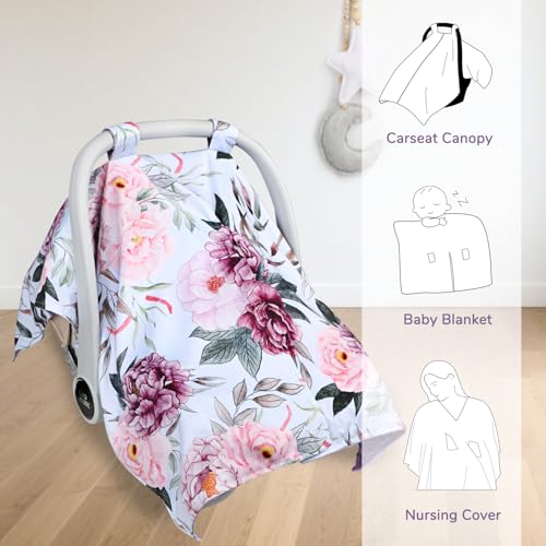 Image of Baby Car Seat Cover, Peekaboo Opening Car Seat Canopy for Baby Girls Boys, Mom Nursing Breastfeeding Covers, Blanket for Infant, Pink Purple