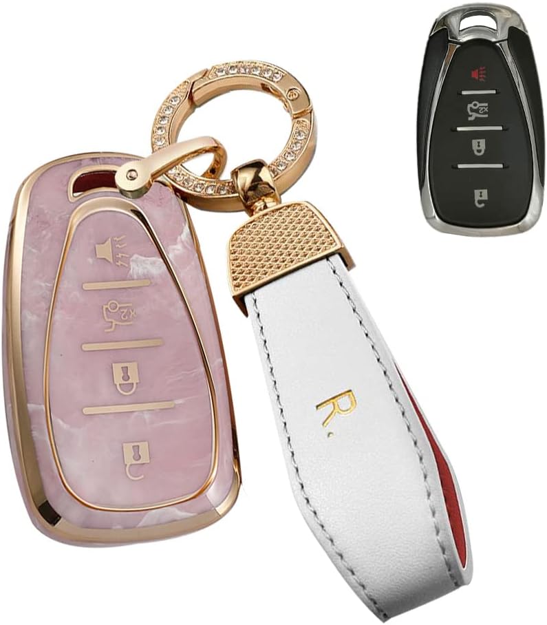 SANRILY Golden-edge Jade Pattern Key Fob Cover for Chevy Camaro Malibu 2016 2017 2018 Cruze Keyless Smart Key Case Shell with Leather Keychain Pink