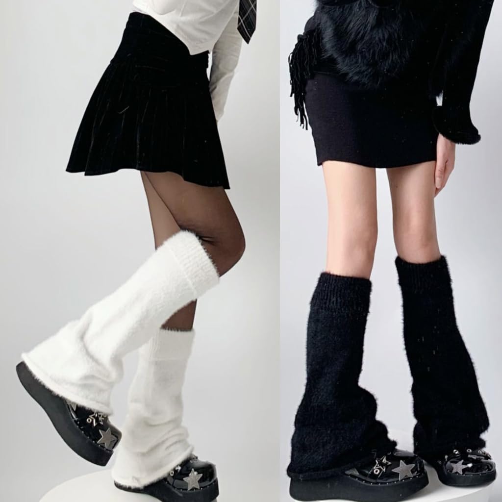 Japanese Women Winter Flared Leg Warmers Socks Solid Color Turn Cuffs Furry Flocking Foot Streetwear