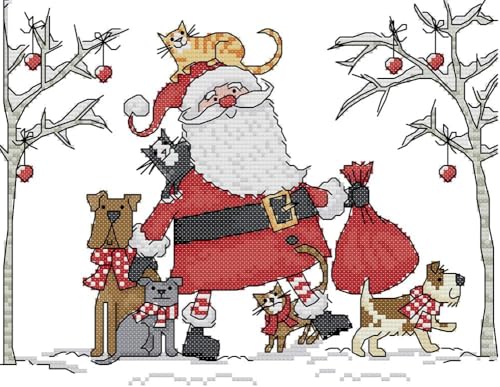 Gofission 11ct Stamped Cross Stitch Kits for Adults Beginners Cute Christmas Santa with Cats and Dogs DIY Pre Printed Cross Stitch Embroidery Set including Accessories Wall Decor 37x27cm (Tree)