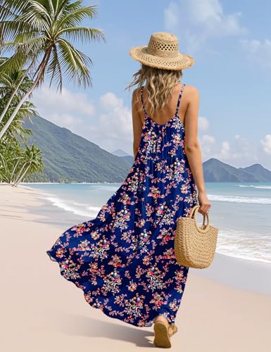 Image of YESNO Summer Bohemian Floral Dresses for Women Spaghetti Straps Maxi Dress Casual Flowy Dresses with Pockets ES0