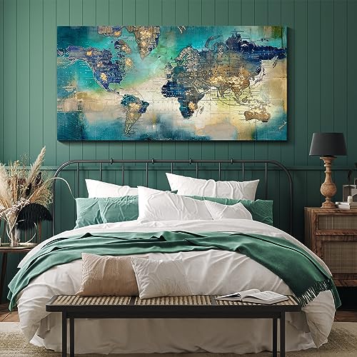 Image of Large World Map Canvas Prints Wall Art for Living Room Office 24x48 Green World Map Picture Artwork Decor for Home Decoration