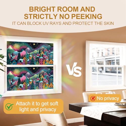 Image of Colorful Folk Art Winter Village Window Film 39.37x17.32in Cling