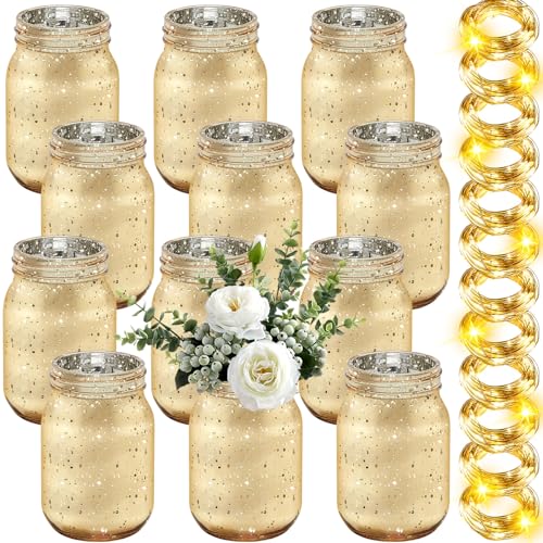 Tioncy 12 Pcs Painted Mason Jars for Table Glass Decorative Jars with 12 Light Strings for DIY, Wedding, Graduation, Bridal Shower, Housewarming, Home Decoration (Gold)