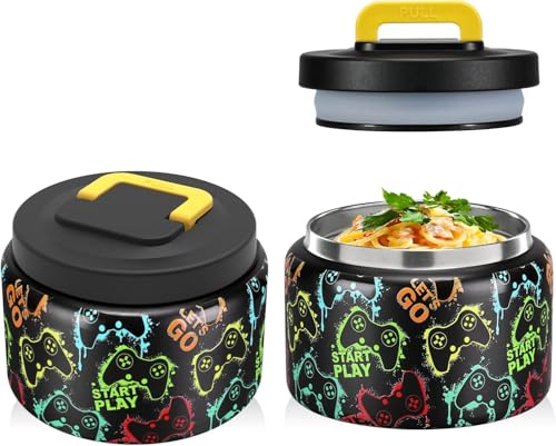 Image of JXXM 8 Oz Thermo Food Jar for Hot & Cold Food for Kids, Insulated Lunch Containers Hot Food Jar,Leak-Proof Vacuum Stainless Steel Wide Mouth Lunch Soup Thermo for School (Black-Game machine)