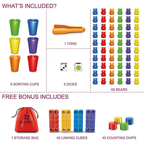 Rainbow Counting Bears With Matching Sorting Cups 150 Pcs Set JUMBO PACK + FREE Linking Cubes + FREE Counting Chips + FREE Storage Bag | STEM Educational Gift Toddler, Pre-School Learning Counting Toy - Thumbnail 3
