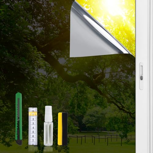 LOHOMEVE One Way Privacy Window Film See Out Not in, Reflective Sun Blocking Anti UV Heat Control Mirror Film, Static Cling Daytime Privacy Window Tint for Home, Black Silver, 45.2 in × 6.5 Feet