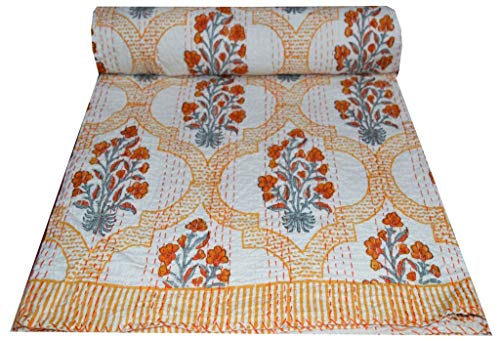 YUVANCRAFTS Indian Handmade Cotton Kantha Quilt Traditional Hand Block Print Twin Quilt Blanket Bedspreads Throw (White)