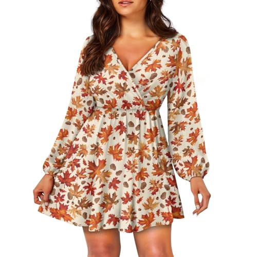 fall dresses BBEGLECVIL for Women 2024 Casual Maple Leaves Print Swing Dress V Neck Flowy Dress Long Sleeve Mini Dress Autumn Dress Novelty Fall Outfits at Amazon Women's Clothing store and winter layering Backless Sky Blue Floral Size:S tall cottage witch