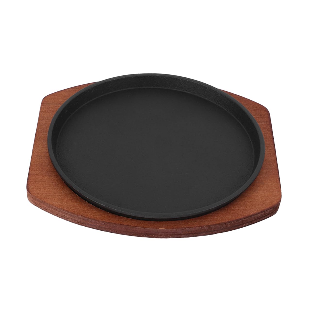 Cabilock 1 Set Iron Skillet Steak Plate Sizzle Griddle Pan With Wooden Base Steak Pan Grill Plate Round Serving Tray For Kitchen Restaurant Barbecue Dinner