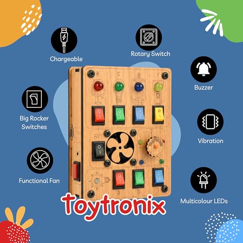 Image of Wooden Busy Board for Toddlers 1-4 Years | Rechargeable Sensory Toy with LED Lights, Fan, Vibration & Buzzer | Montessori Activity Learning Toy for Kids