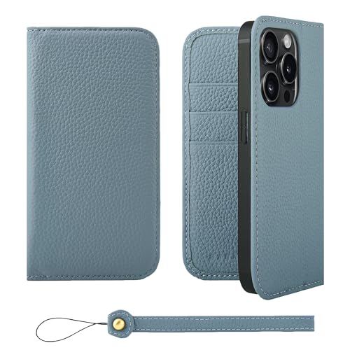 HANATORA iPhone15Pro ケース 手帳型 本革 スマホケース スマホ スタンド ストラップ 付き シュリンクカーフレザー ギフト ベルトなし マグネットなし ブルーグレー H0XA-15Pro-BlueGray ギフト 誕生日ギフト 女性