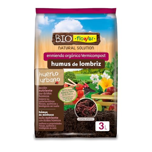 Flower - Humus de Lombriz 3 L | 100% Vermicompost | con Ácidos Húmicos y Fúlvicos | Aporta Nutrientes | Mejora Suelo y Sustratos | Triple Aplicación