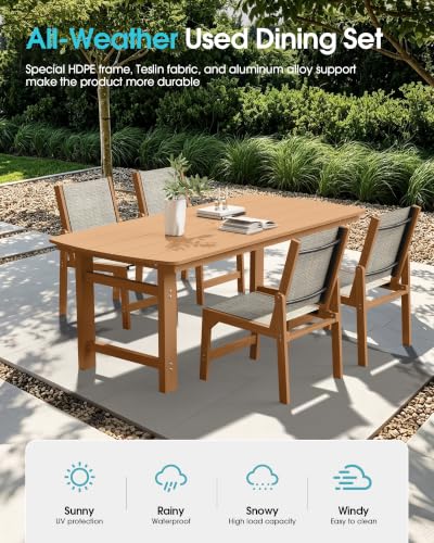 Image of Ciokea HDPE Outdoor Dining Set, Patio Table and 4 Stackable Chairs, Teak