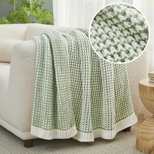 Amélie Home Waffle Chenille Throw Blanket for Couch, Pineapple Stitch Knit Soft Cozy Knit Blanket Decorative Throw for Sofa, Chair, 50"x60", Sage Green&Ivory