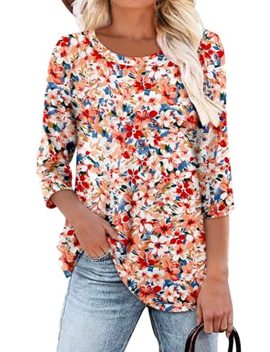KISSMODA Tunic Tops for Women Loose Fit Dressy Round Neck Pleated 3/4 Length Sleeve Spring Tops