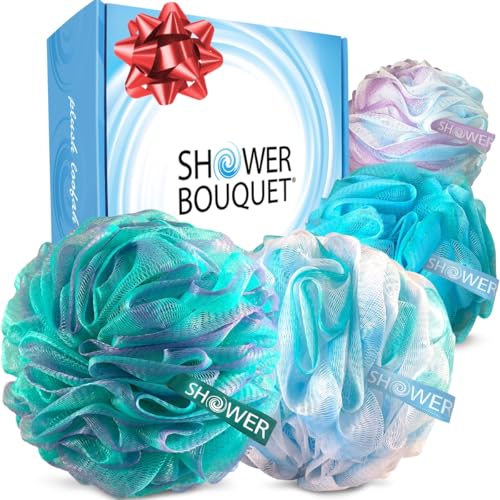 SHOWER BOUQUET Loofah-Bath-Sponge XL Swirl-Mix-Color 4-Pack // Extra-Large 75g Mesh Luffa Loofa...