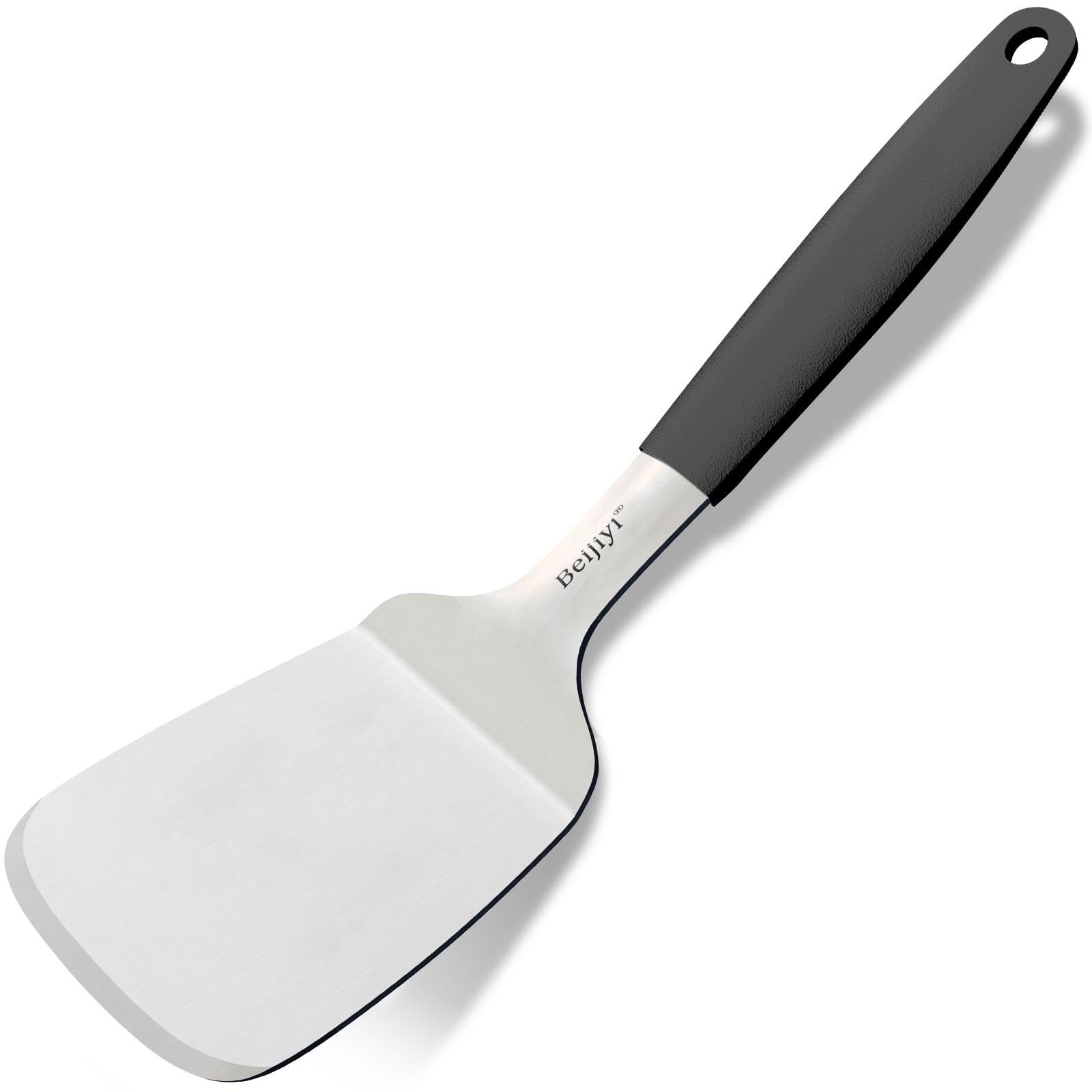Beijiyi Metal Spatula for Cast Iron Skillet and Flat Top Grills, 1.5 mm Thick Stainless Steel Cooking Turner with Full Tang Silicone Handle, Smash Burger Spatula, Egg and Pancake Flipper, 3.7 In Wide