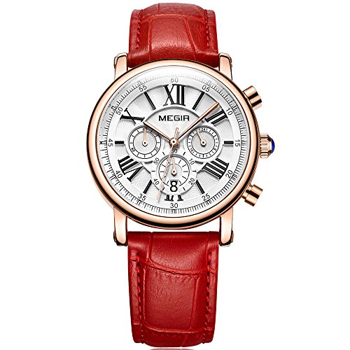 MEGIR Fashion Red Leather Strap Quartz Watches Women Luxury Brand Waterproof Chrongraph Wristwatch 24-Hour Casual Watch for Lady Girls