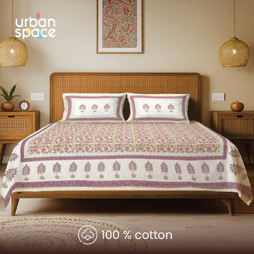 Image of Urban Space 100% Cotton Jaipuri Handblock Printed Double Size Bedsheet with 2 Pillow Covers, 200 TC Cotton Double Bedsheet (90 x 100 Inches, Noor Mahal Yellow)