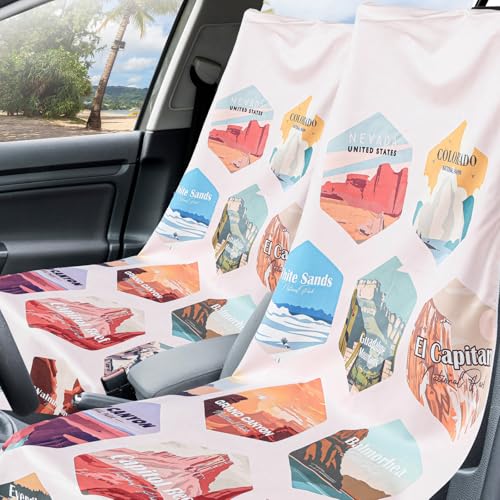 Image of Hahafelt 2 Pack Car Seat Towel Cover with Storage Bag, 63 x 32 Inch Universal Non Slip Waterproof Sweat Protector for Car, Gym Workout Swimming Running, Machine Washable (Mixed Landscapes)