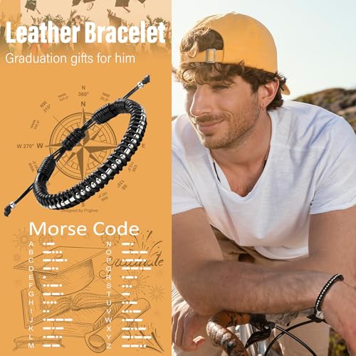 Image of Btysun Fathers Day Gift, Gifts for Men Morse Code Bracelets for Men 2026 Graduation Gifts Mens Bracelet for Him Boyfriend Husband Leather Bracelet Motivational Birthday Jewelry Stocking Stuffers