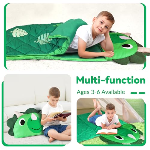 Image of iPlay, iLearn Kid Sleeping Bag, Dinosaur Slumber Sack, Toddler Boy Nap Mat, 2 in 1 Green Dinos Cushion Blanket, Happy Travel Sleepover Daycare Preschool Birthday Gift for 3 4 5 6 Years Old Child