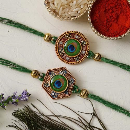 Image of eCraftIndia Unisex Adult Set Of 2 Peacock Feather Designer Rakhis For Brothers With Roli Chawal